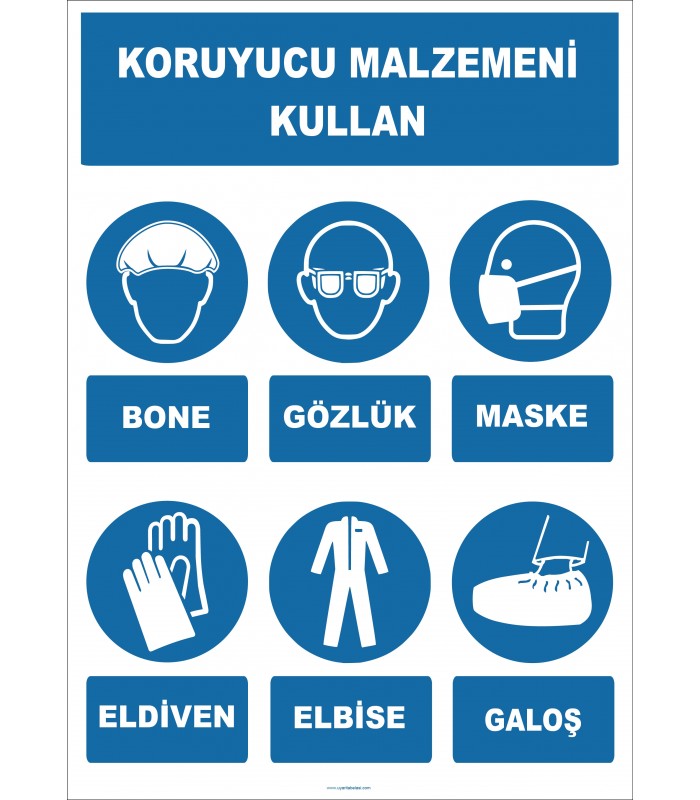 EF1928 - Koruyucu Malzemeni Kullan, Bone, Gözlük, Maske, Eldiven, Elbise, Galoş