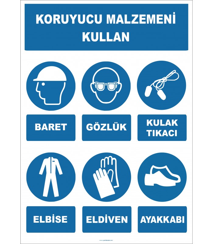 EF1942 - Koruyucu Malzemeni Kullan, Baret, Gözlük, Kulak Tıkacı, Elbise, Eldiven, Ayakkabı