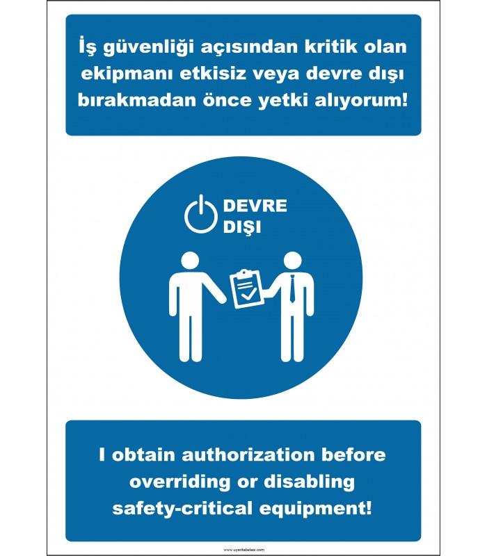 EF2523 - Türkçe İngilizce İş Güvenliği Açısından Kritik Olan Ekipmanı Etkisiz veya Devre Dışı Bırakmadan Önce Yetki Alıyorum