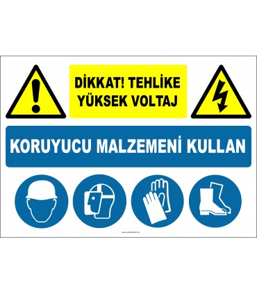 EF2837 - Dikkat! Tehlike, Yüksek Voltaj, Koruyucu Malzemeni Kullan, Baret, Yüz Siperi, Eldiven, Ayakkabı