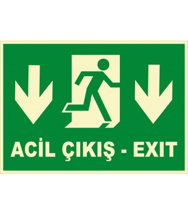 PF1754 - Türkçe İngilizce Fosforlu Acil Çıkış Exit - Aşağı Yön