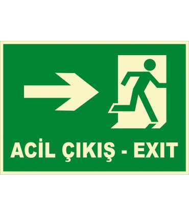 PF1779 - Türkçe İngilizce Fosforlu Acil Çıkış Exit - Sağa Koşan