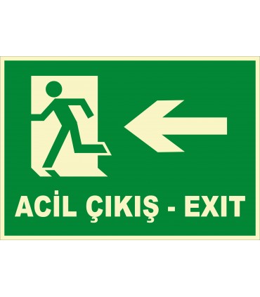 PF1780 - Türkçe İngilizce Fosforlu Acil Çıkış Exit - Sola Koşan