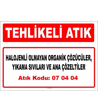 A 070404 - Diğer organik çözücüler, yıkama sıvıları ve ana çözeltiler