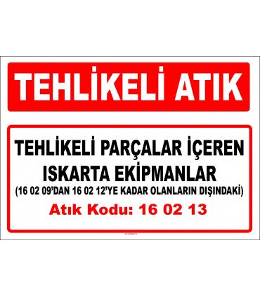 A 160213 - 16 02 09’dan 16 02 12’ye kadar olanların dışındaki tehlikeli parçalar içeren ıskarta ekipmanlar