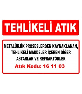 A 161103 - Metalürjik proseslerden kaynaklanan, tehlikeli maddeler içeren diğer astarlar ve refraktörler