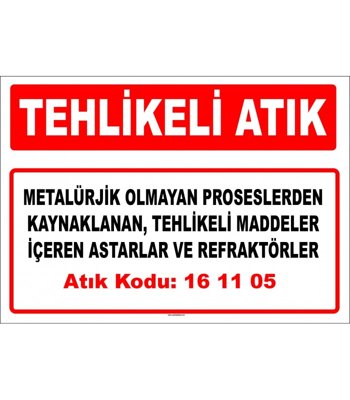 A 161105 - Metalürjik olmayan proseslerden kaynaklanan, tehlikeli maddeler içeren astarlar ve refraktörler