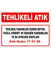 A170106 - Tehlikeli maddeler içeren beton, tuğla, kiremit ve seramik karışımları ya da ayrılmış grupları