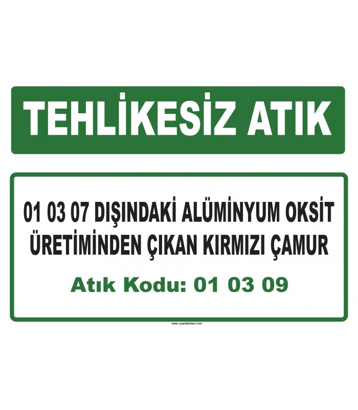 A 010309 - 01 03 07 dışındaki alüminyum oksit üretiminden çıkan kırmızı çamur