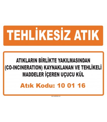 MA 100116 - Atıkların birlikte yakılmasından (co-incineration) kaynaklanan ve tehlikeli maddeler içeren uçucu kül