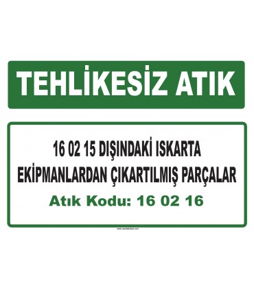 A 160216 - 16 02 15 dışındaki ıskarta ekipmanlardan çıkartılmış parçalar