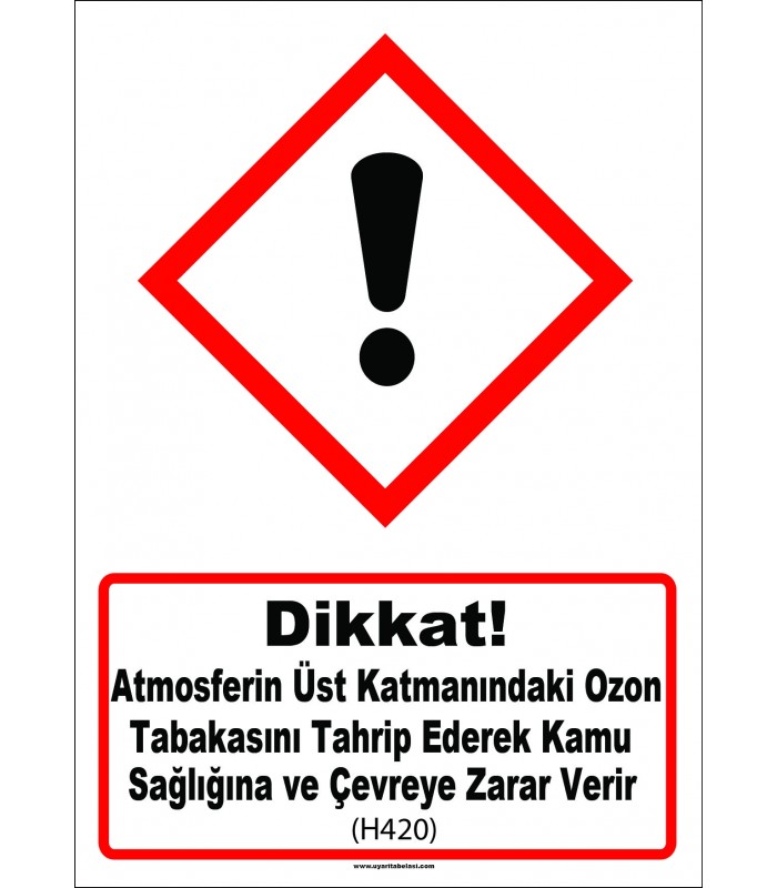 GHS 1060 - Dikkat, Atmosferin üst katmanındaki ozon tabakasını tahrip ederek kamu sağlığına ve çevreye zarar verir (H420)