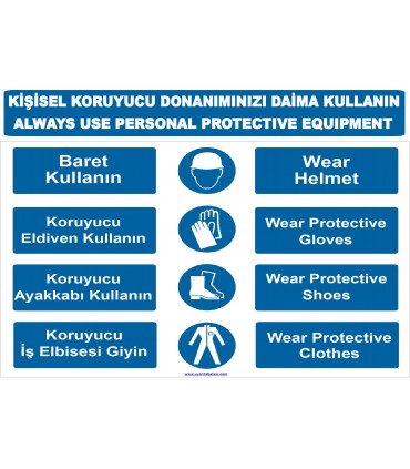 YT7044 - Türkçe İngilizce Kişisel Koruyucu Donanımınızı Daima Kullanın Levhası