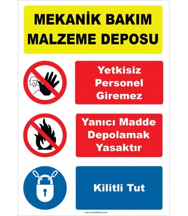 YT7417 - Mekanik bakım malzeme deposu, yetkisiz personel giremez, yanıcı madde depolamak yasaktır, kilitli tut
