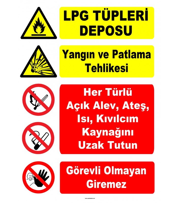 YT7544 - LPG tüpleri deposu - Patlama Tehlikesi - Açık alev, ateş, ısı, kıvılcım kaynağını uzak tutun, görevli olmayan giremez