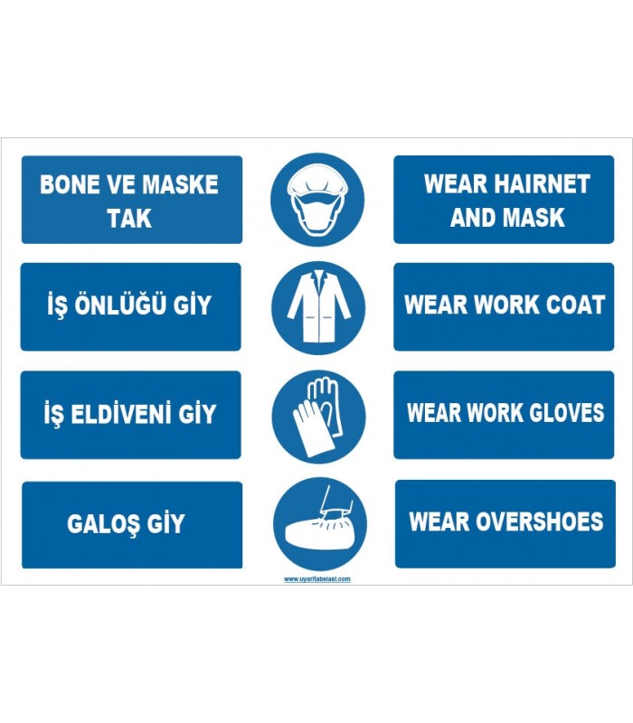 ZY1492 - Türkçe İngilizce Bone, Maske, İş Önlüğü, İş Eldiveni, Galoş, Hairnet, Mask, Gloves, Coat, Overshoes