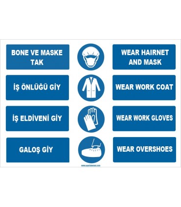 ZY1492 - Türkçe İngilizce Bone, Maske, İş Önlüğü, İş Eldiveni, Galoş, Hairnet, Mask, Gloves, Coat, Overshoes