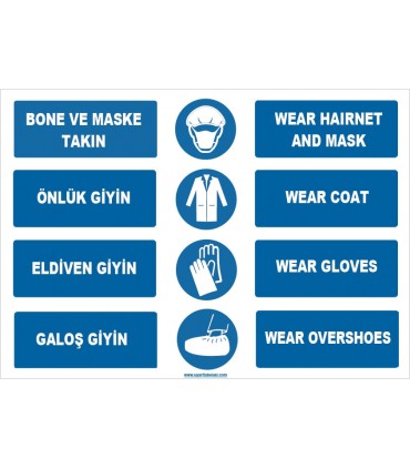 ZY1494 - Türkçe İngilizce Bone, Maske, Önlük, Eldiven, Galoş Giy, Wear Hairnet, Mask, Gloves, Coat, Overshoes