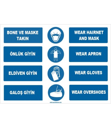 ZY1496 - Türkçe İngilizce Bone, Maske, Önlük, Eldiven, Galoş Giy, Wear Hairnet, Mask, Gloves, Apron, Overshoes
