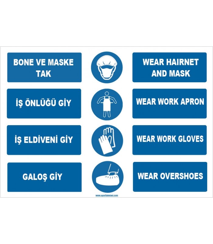 ZY1493 - Türkçe İngilizce Bone, Maske, İş Önlüğü, İş Eldiveni, Galoş, Hairnet, Mask, Gloves, Coat, Overshoes