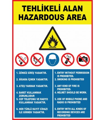 ZY-1645 - Türkçe - İngilizce Tehlikeli Alan, Hazardous Area Levhası