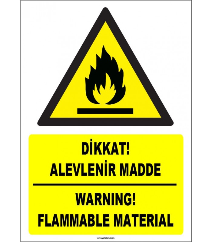 ZY1842 - ISO 7010 Türkçe İngilizce Dikkat Alevlenir Madde, Warning Flammable Material