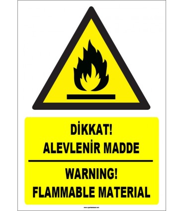 ZY1842 - ISO 7010 Türkçe İngilizce Dikkat Alevlenir Madde, Warning Flammable Material