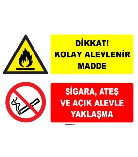 ZY1911 - ISO 7010 Dikkat Kolay Alevlenir Madde, Sigara, Ateş ve Açık Alevle Yaklaşma