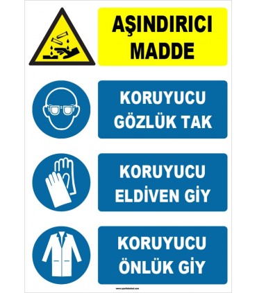 ZY1923 - ISO 7010 Aşındırıcı Madde, Koruyucu Gözlük Tak, Eldiven Giy, Önlük Giy
