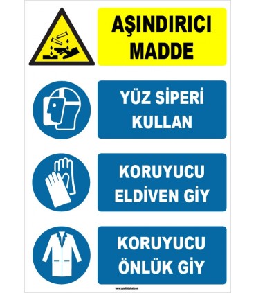 ZY1924 - ISO 7010 Aşındırıcı Madde, Yüz Siperi Kullan, Koruyucu Eldiven Giy, Önlük Giy