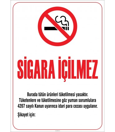 ZY2233 - Sigara İçilmez, 4207 Sayılı Kanun Gereği Asılması Zorunlu Yasal Uyarı Levhası