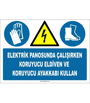 ZY2257 - ISO 7010 Elektrik Panosunda Çalışırken Koruyucu Eldiven ve Koruyucu Ayakkabı Kullan