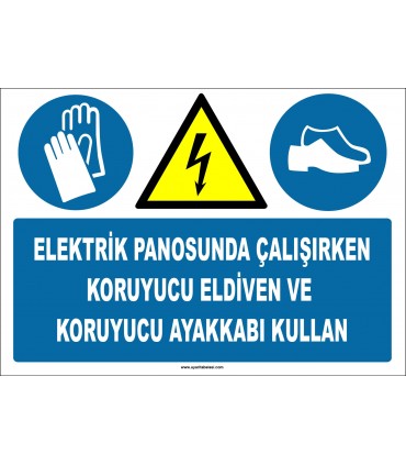 ZY2258 - ISO 7010 Elektrik Panosunda Çalışırken Koruyucu Eldiven ve Koruyucu Ayakkabı Kullan
