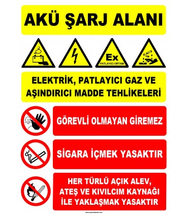 ZY2290 - Akü Şarj Alanı, Elektrik, Patlayıcı Gaz, Aşındırıcı Madde, görevli olmayan giremez, Sigara, alev, ateş, kıvılcım