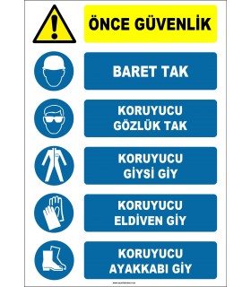 EF1146 - Önce Güvenlik, Baret Tak, Koruyucu Gözlük, Giysi, Eldiven, Ayakkabı Giy