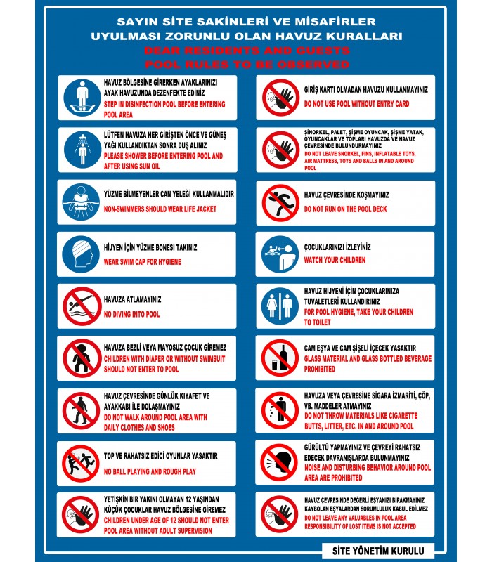 EF1193 - Siteler İçin Türkçe-İngilizce Havuz Kuralları Levhası