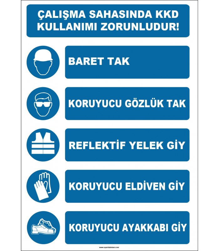 EF1296 - Çalışma Sahasında KKD Kullanımı Zorunludur, Baret, Gözlük, Eldiven, Reflektif Yelek, Ayakkabı