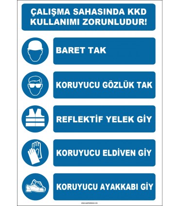 EF1296 - Çalışma Sahasında KKD Kullanımı Zorunludur, Baret, Gözlük, Eldiven, Reflektif Yelek, Ayakkabı